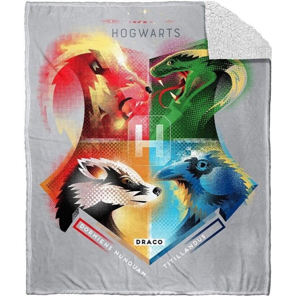 Harry Potter New Sherpa Plush Soft Blanket Slytherin Ron Hermione Hogwarts Crest